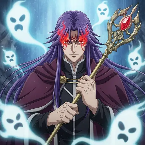 Male Anime Character with Long Purple Hair and Intense Aura