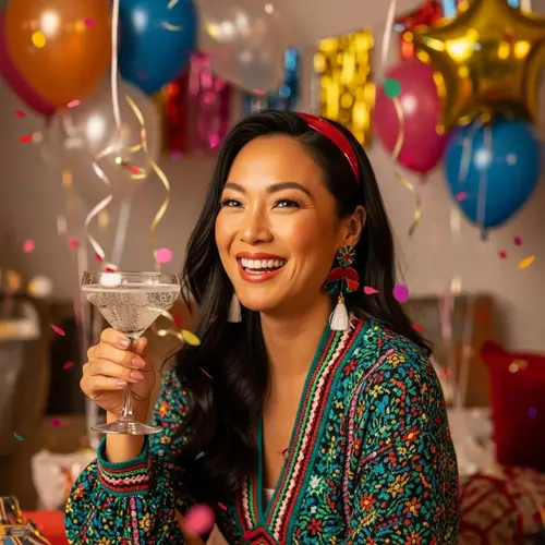 Asian Woman Celebrating with Sparkling Drink | Festive Party Joy