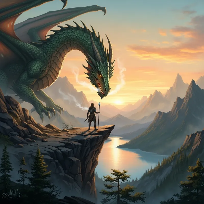 Dragon Speaking to Person on Mountain Edge with Lake Nearby