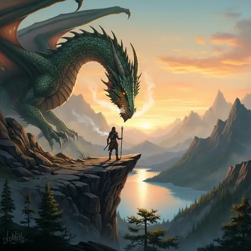 Dragon Speaking to Person on Mountain Edge with Lake Nearby