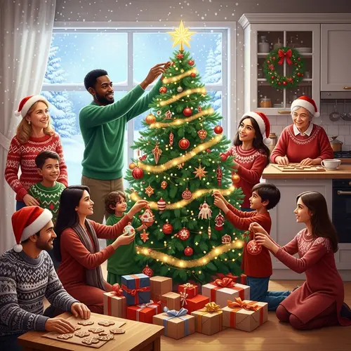 Diverse Christmas Celebration with Sparkling Tree & Festive Moments
