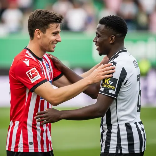 Soccer Players in Red and Black Jerseys Sharing a Sportsmanlike Moment