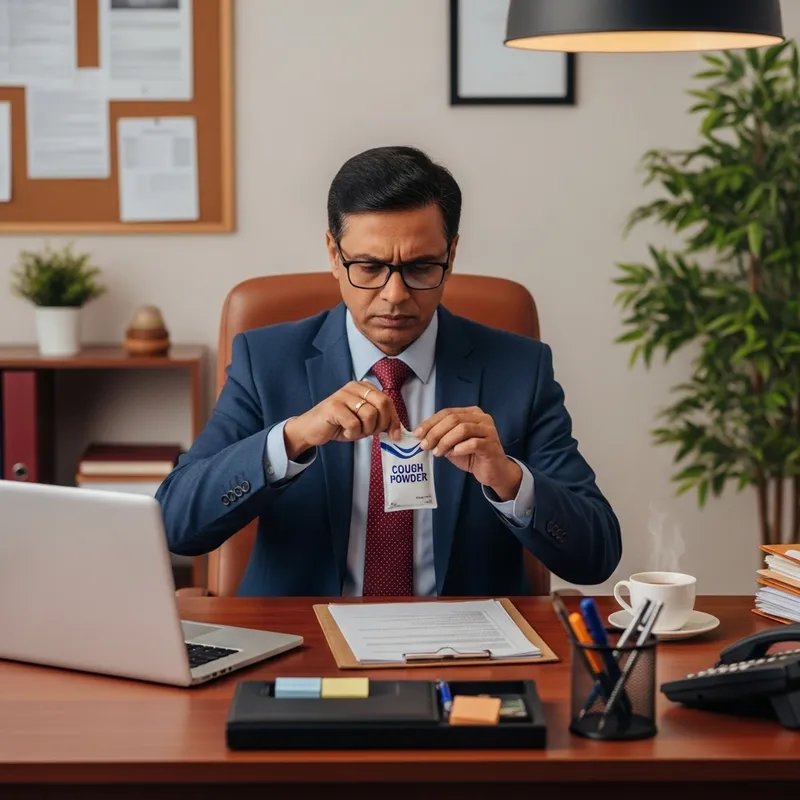 Focused Man Opening Cough Powder Sachet in Office Environment