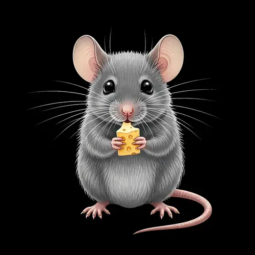 Cute Tiny Grey Mouse Nibbling Cheese