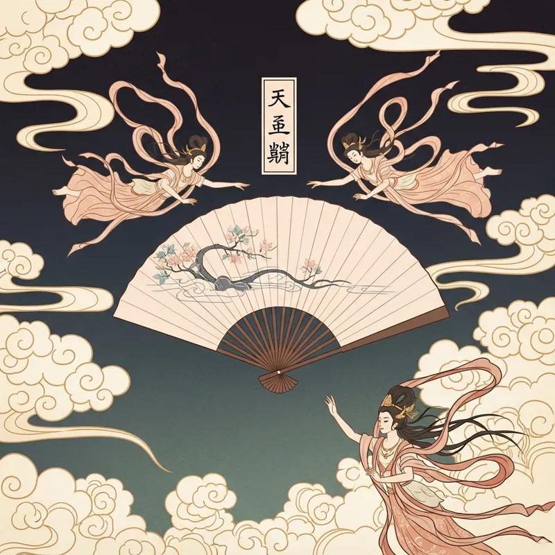 Dreamy Dunhuang Style - Pale Fan with Celestial Beings and Auspicious Clouds