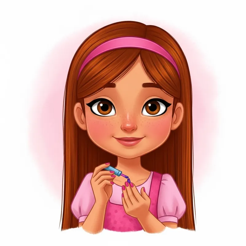 7-Year-Old Hispanic Girl in Pink Dress Painting Nails with Joy