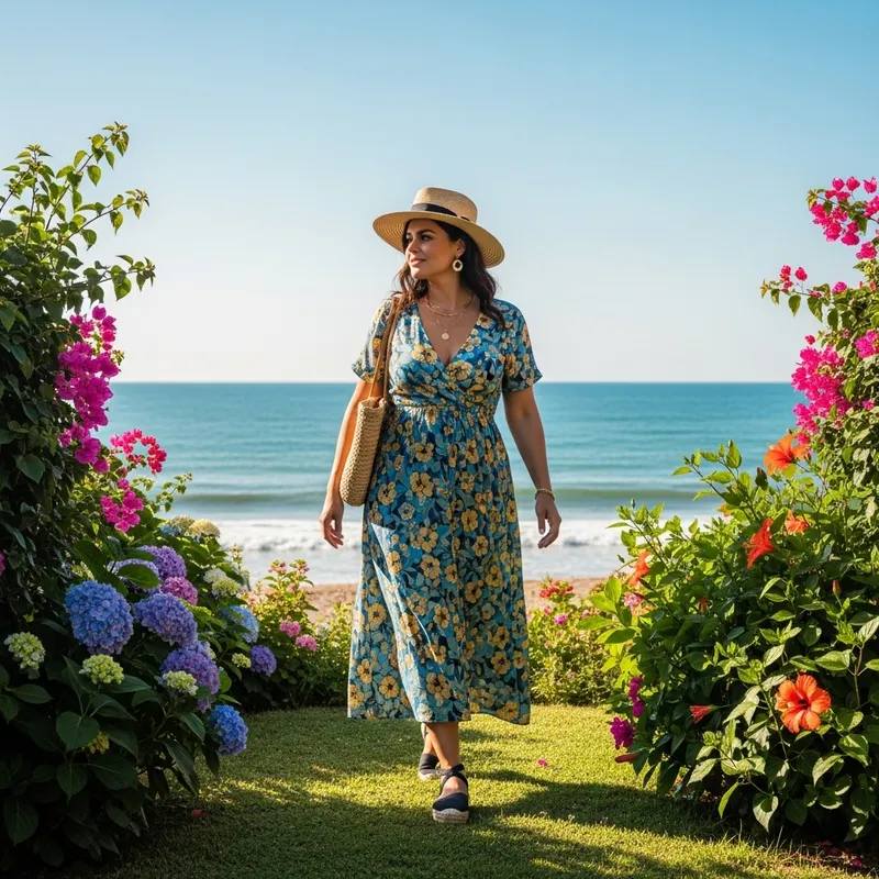 Confident Curvy Woman in Micro Bikini Enjoying Summer Beach Garden View
