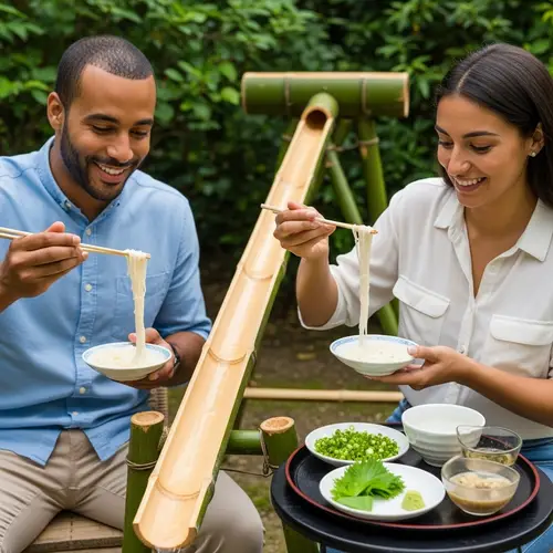 Nagashi Somen Experience: Middle Eastern Man & Hispanic Woman Enjoy Japanese Summer Noodles