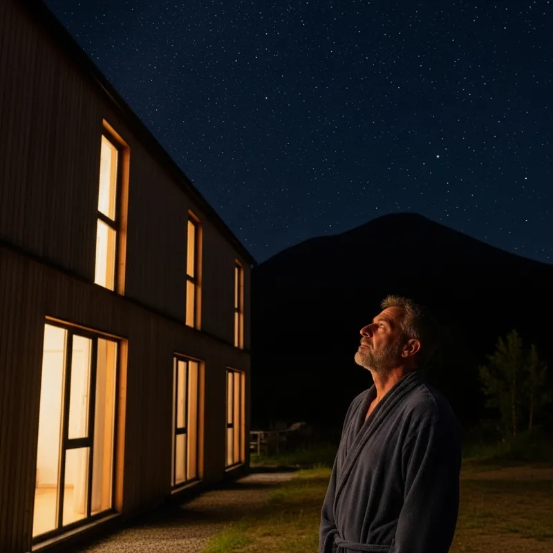 Modern Wooden Hotel with Man Gazing at Starry Sky - Kamchatka Scene Modern Wooden Hotel with Man Gazing at Starry Sky - Kamchatka Scene