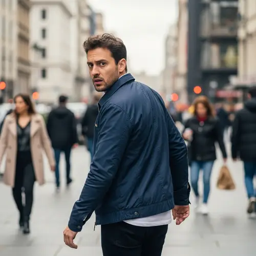 Man Under Constant Surveillance in a Busy Cityscape