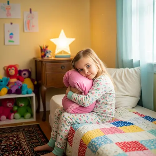 Cute Blonde Girl Hugging Pink Pillow | Cozy Bedroom Scene