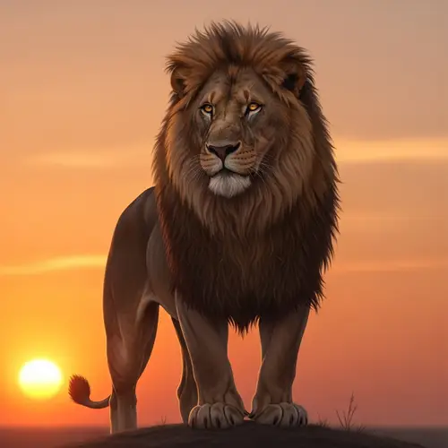 Majestic Ancient Lion with Piercing Eyes Standing at Sunset