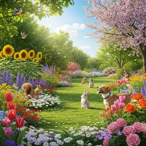 Vibrant Garden Bursting with Colorful Flowers and Playful Animals