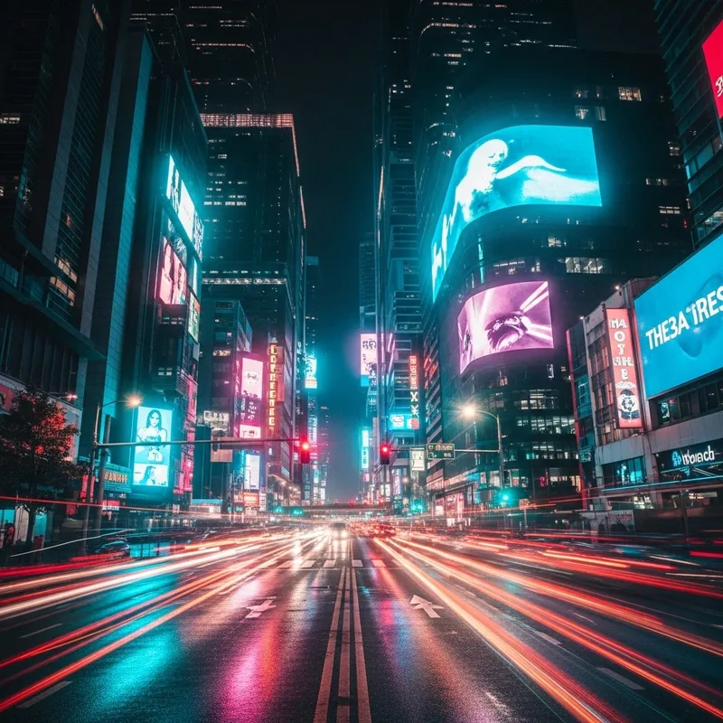 Futuristic Cyberpunk Cityscape with Neon Lights at Night