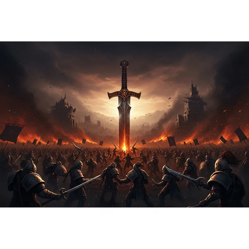 Expansive War Base with Enormous Sword - Gritty Battle Scene