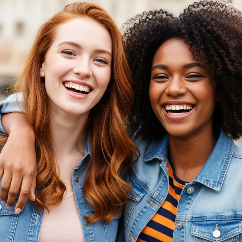 Redhead & Curly-Haired Best Friends Laughing Together