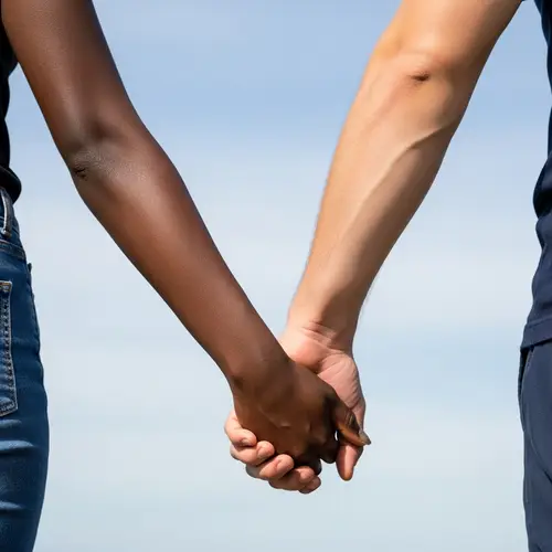 Interracial Couple Holding Hands Against Clear Blue Skies