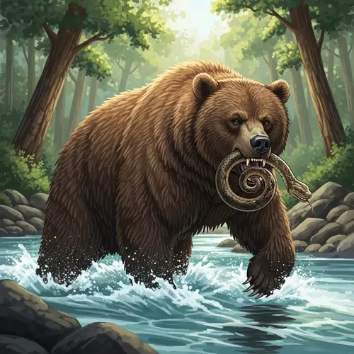 Powerful Brown Bear Holding Snake in River Scene