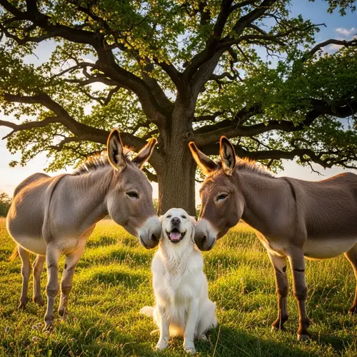 White Golden Retriever & Donkeys: Best Friends in Serene Field