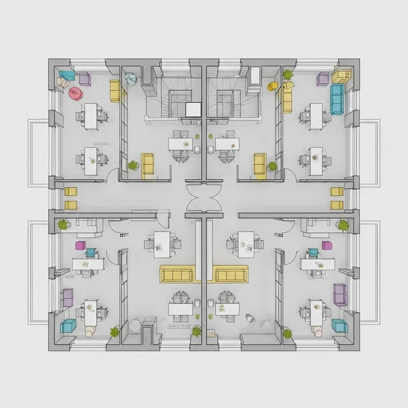 Comprehensive Modernist Office Space Blueprint | Symmetrical Layout Comprehensive Modernist Office Space Blueprint | Symmetrical Layout