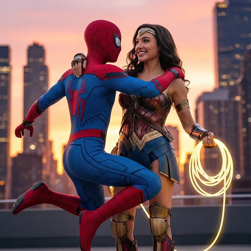 Spiderman & Wonder Woman Kiss: Superhero Romance Image