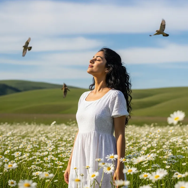 Beautiful Vietnamese Woman in Sunlit Daisy Field Beautiful Vietnamese Woman in Sunlit Daisy Field