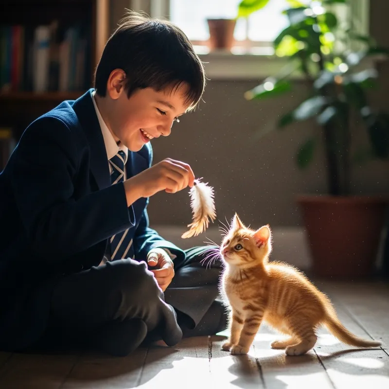 Dark-Haired 8-Year-Old Boy Playing with Ginger Kitten