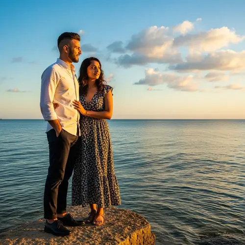 Stylish Couple by Tranquil Sea at Sunset | Summer Beach Scene