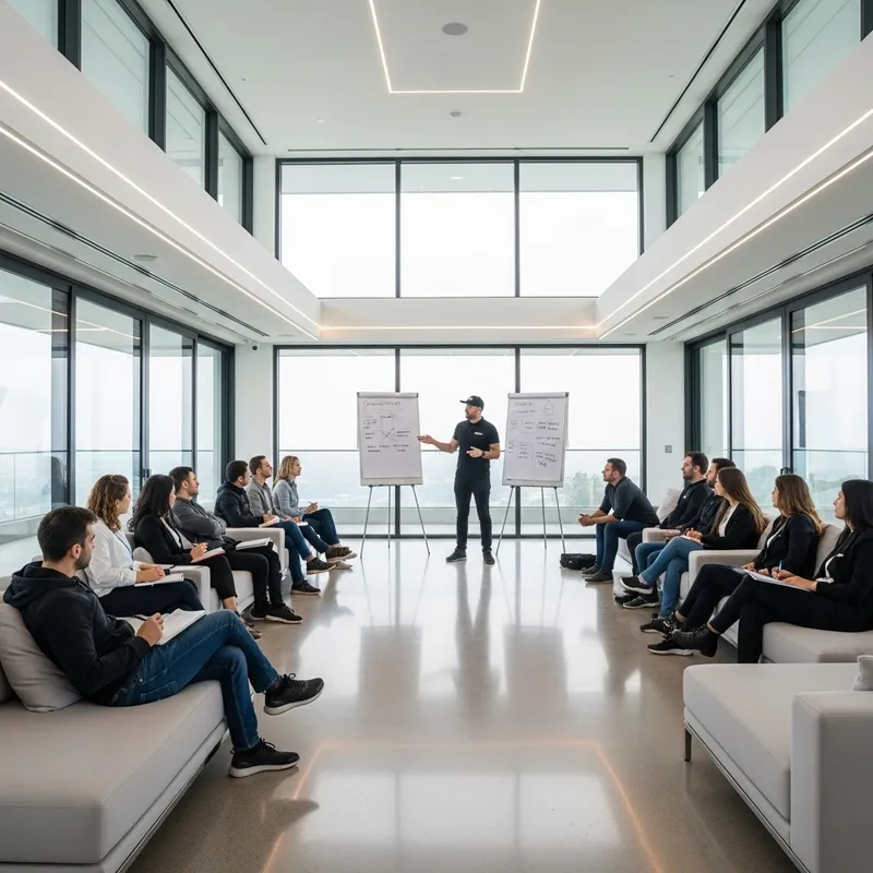 Luxurious Villa Training Session with Mentor and 30 Individuals in Minimalist Lounge Setting Luxurious Villa Training Session with Mentor and 30 Individuals in Minimalist Lounge Setting