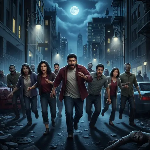 Horror Scene: Group Fleeing Undead in City Chaos