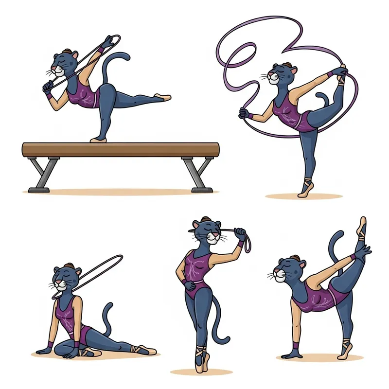 Cartoon Panther Gymnast Sticker for Social Media - Various Poses Cartoon Panther Gymnast Sticker for Social Media - Various Poses