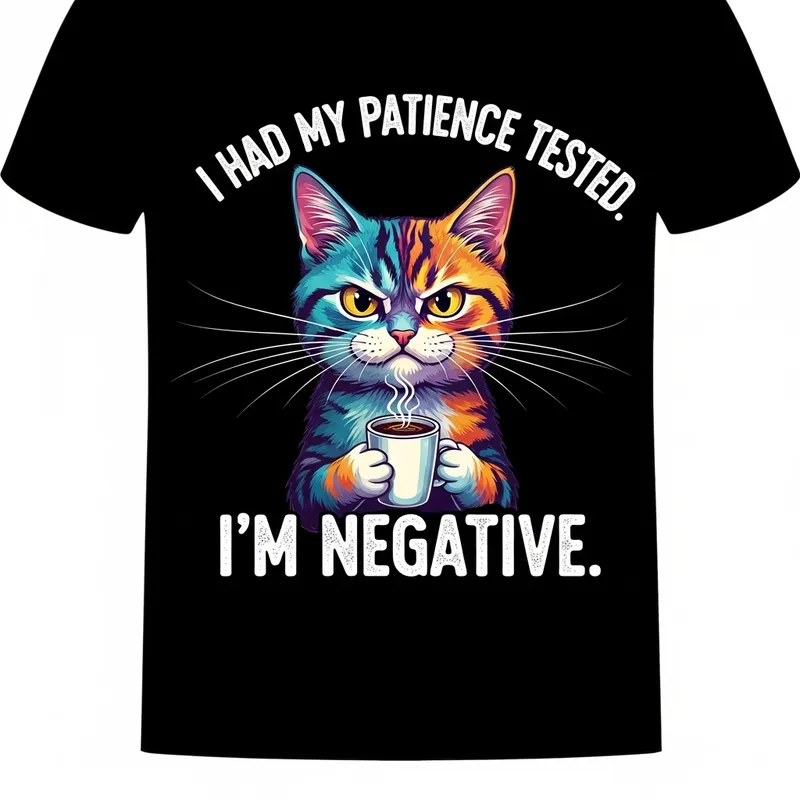 Colorful & Bold Cat T-Shirt Design: Angry Cat Sipping Coffee