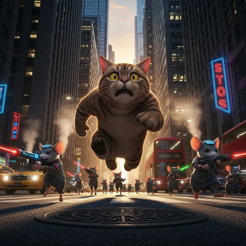 Mice with Firearms Chase Cat in City Scene Mice with Firearms Chase Cat in City Scene