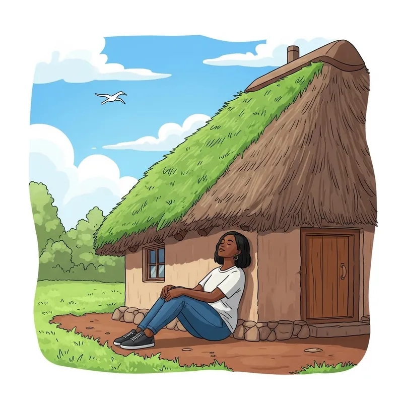 Serenely Relaxing Black Woman by Thatched Grass-Roof House