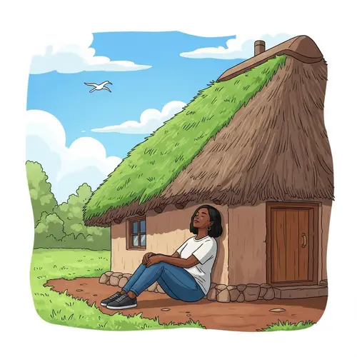 Black Woman Serenely Relaxing by a Grass Roofing House