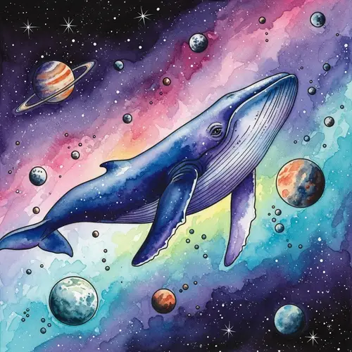 Whale Swimming Through Cosmos Watercolor Artwork