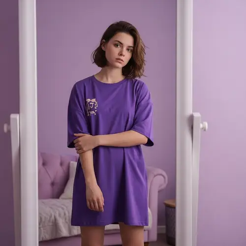 Lavishly Decorated Purple Room with Teenager Gazing into Mirror
