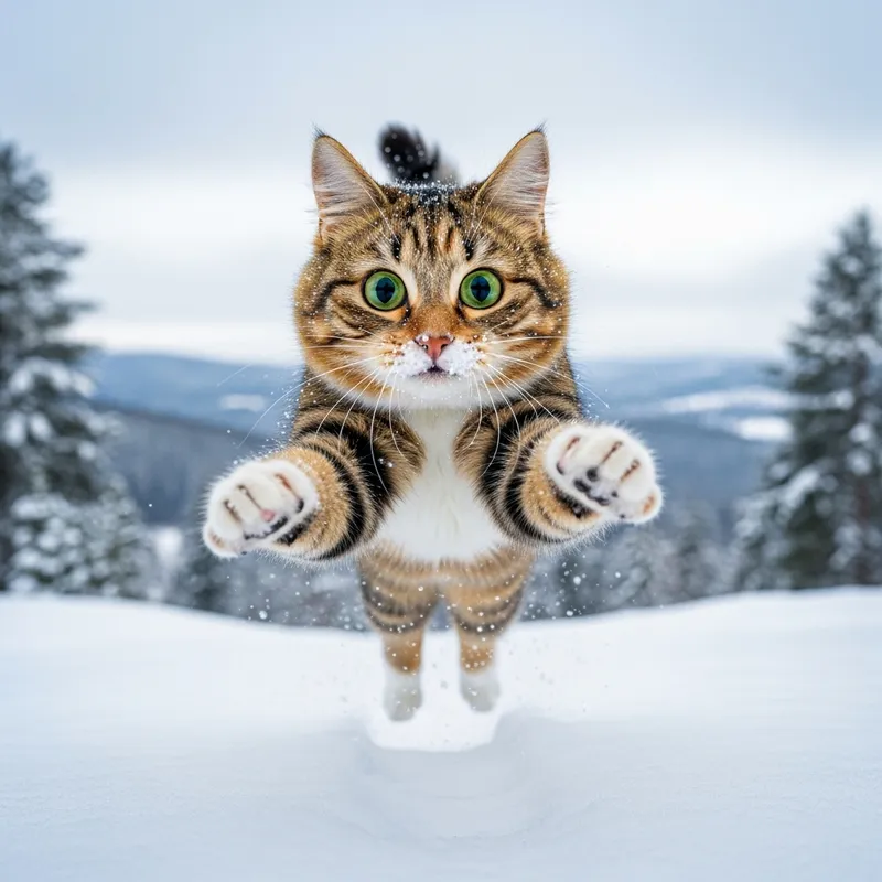 Cute Cat Jumping in Snow with Big Eyes - Adorable Pet Image Cute Cat Jumping in Snow with Big Eyes - Adorable Pet Image
