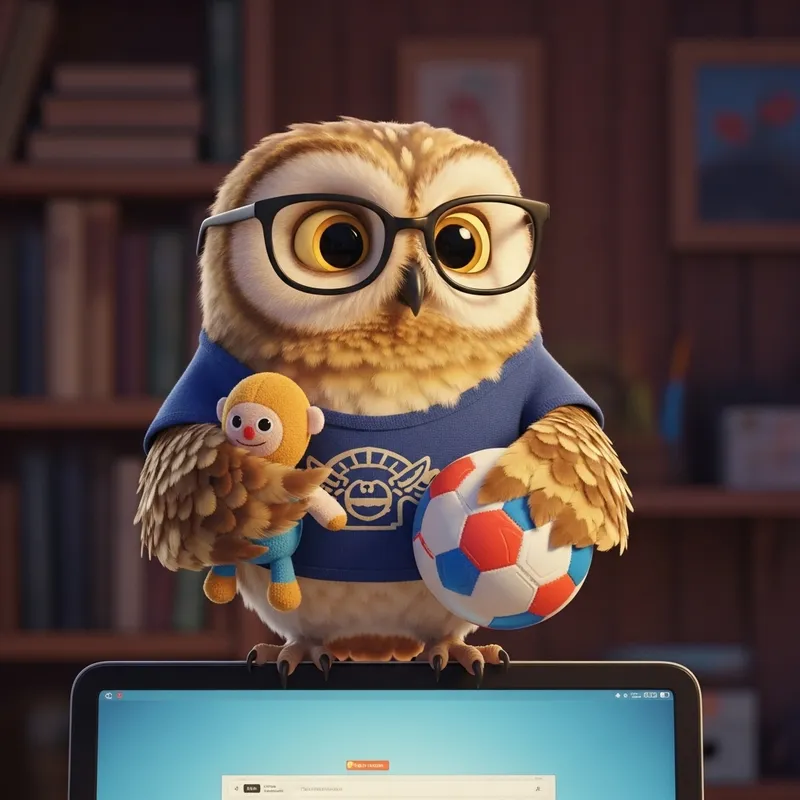 Cute Owl with Glasses on Computer Holding Doll and Soccer Ball