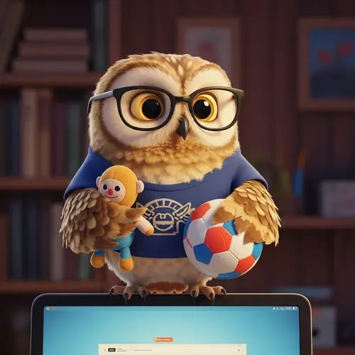 Adorable Owl Perched on Computer with Plush Doll and Soccer Ball