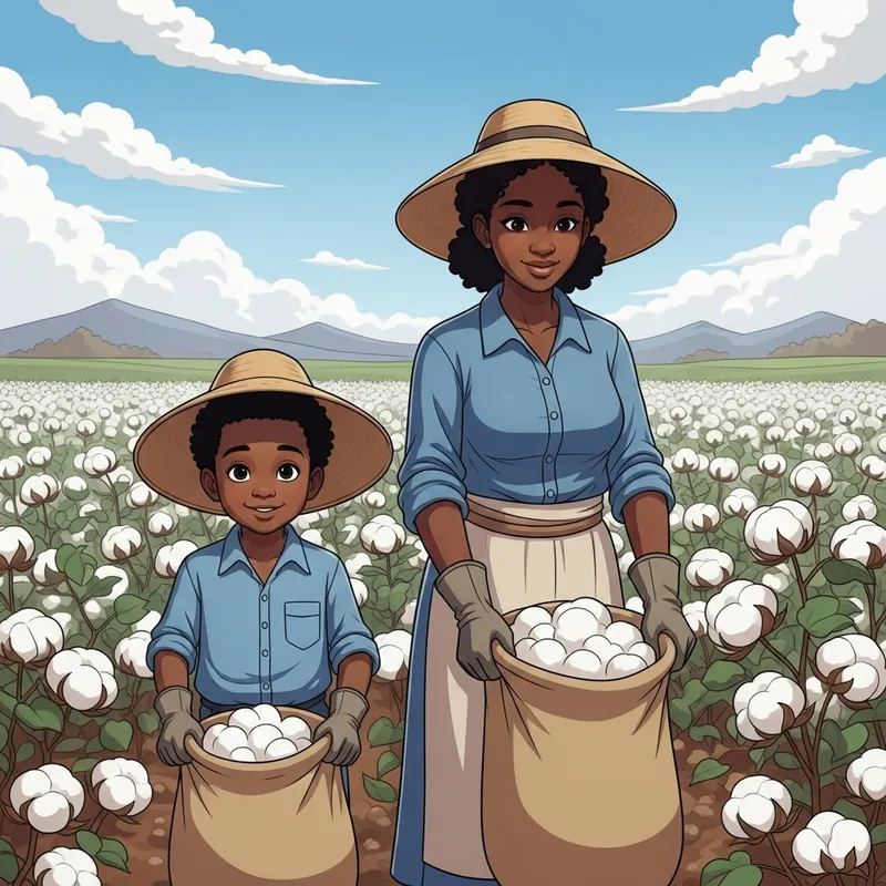 Heartwarming Cartoon Illustration of Young Black Mother and Son in Cotton Field