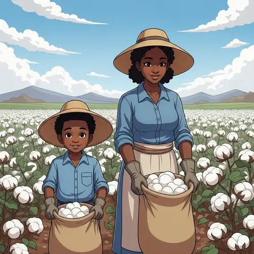 Heartwarming Cartoon of a Young Black Mother and Son Picking Cotton