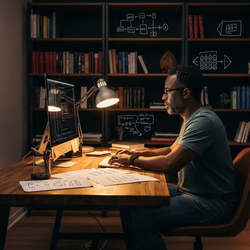 Middle-aged Black Man Coding at Wooden Desk | Coding Scene
