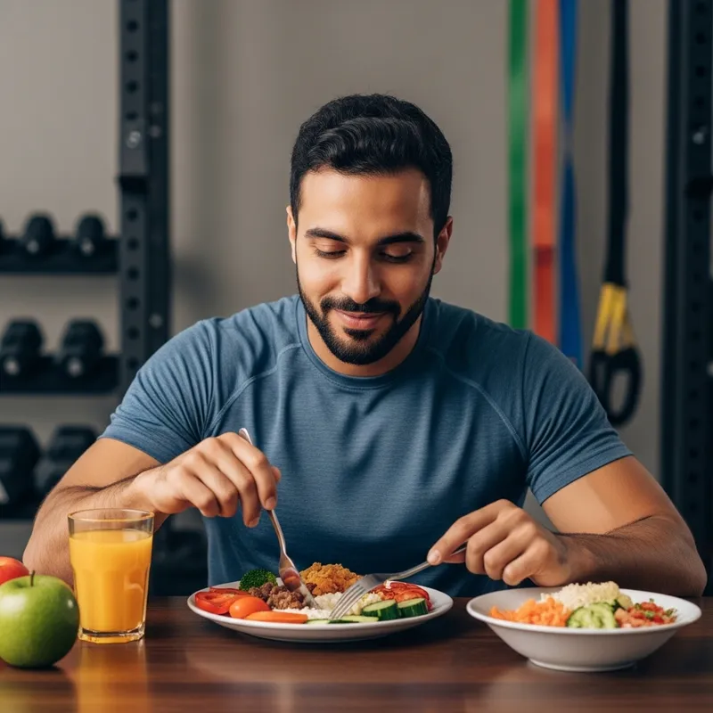 Middle-Eastern Male Sports Enthusiast Refuels with Nutritious Meal After Exercise