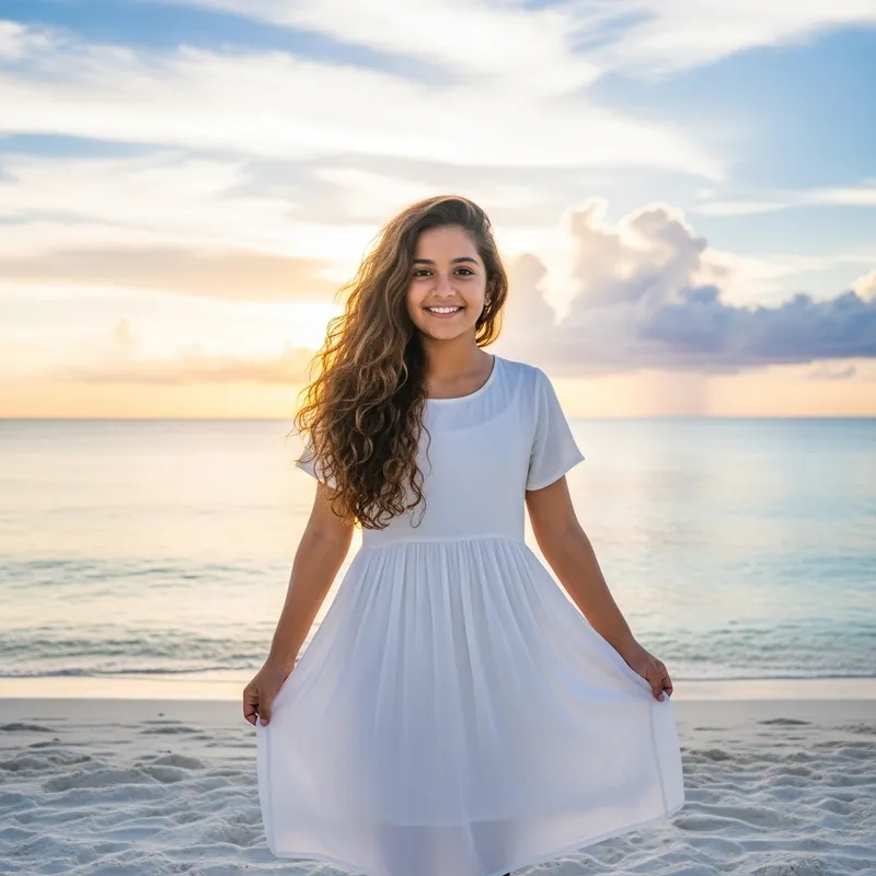 Gorgeous Girl in White Frock with Stunning Beach Hair | Sunset Glow Gorgeous Girl in White Frock with Stunning Beach Hair | Sunset Glow
