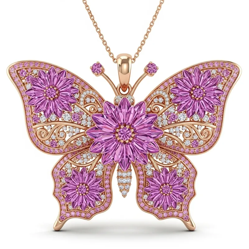 Elegant Butterfly Pendant with Pink Dahlia Stones