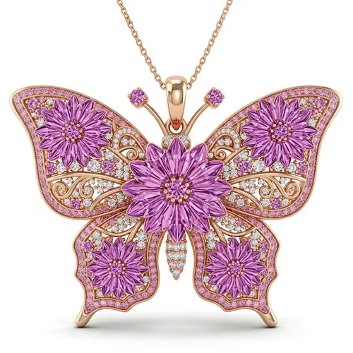 Elegant Butterfly Pendant with Pink Dahlia Stones