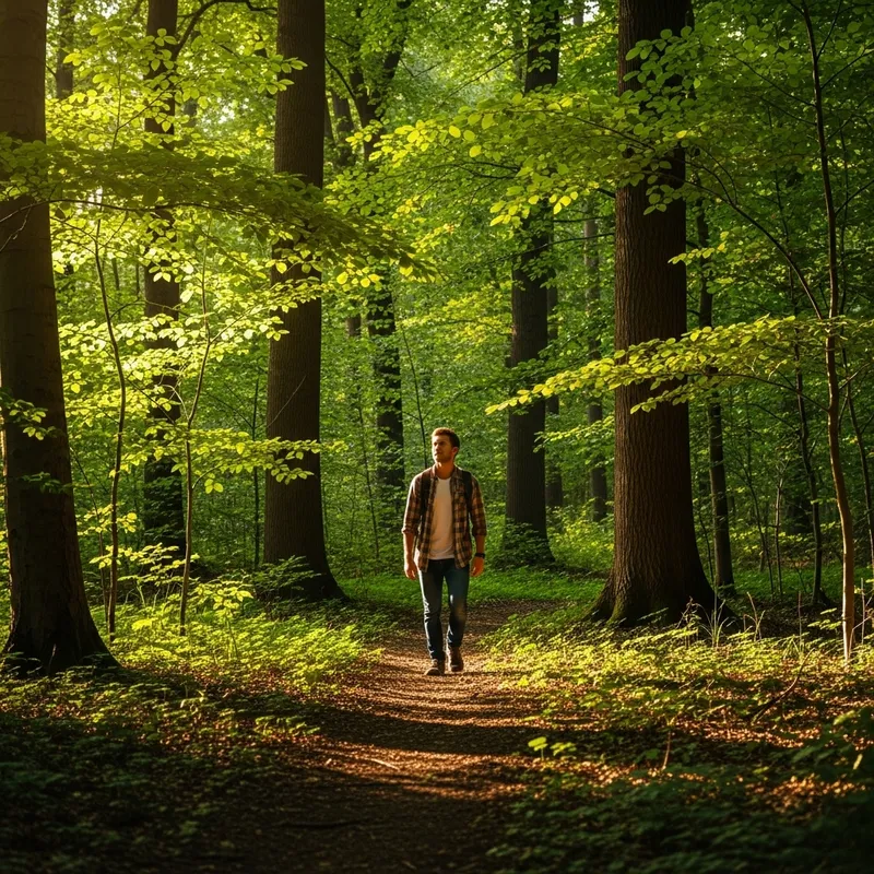 Young Man Walking in Serene Sunlit Woods