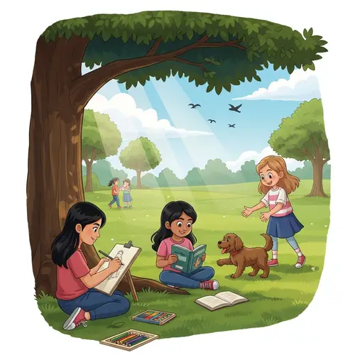 Park Scenes with Diverse Girls: Sketching, Reading, Playing