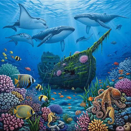 Marine Themed Painting: Undersea Wonders and Shipwreck